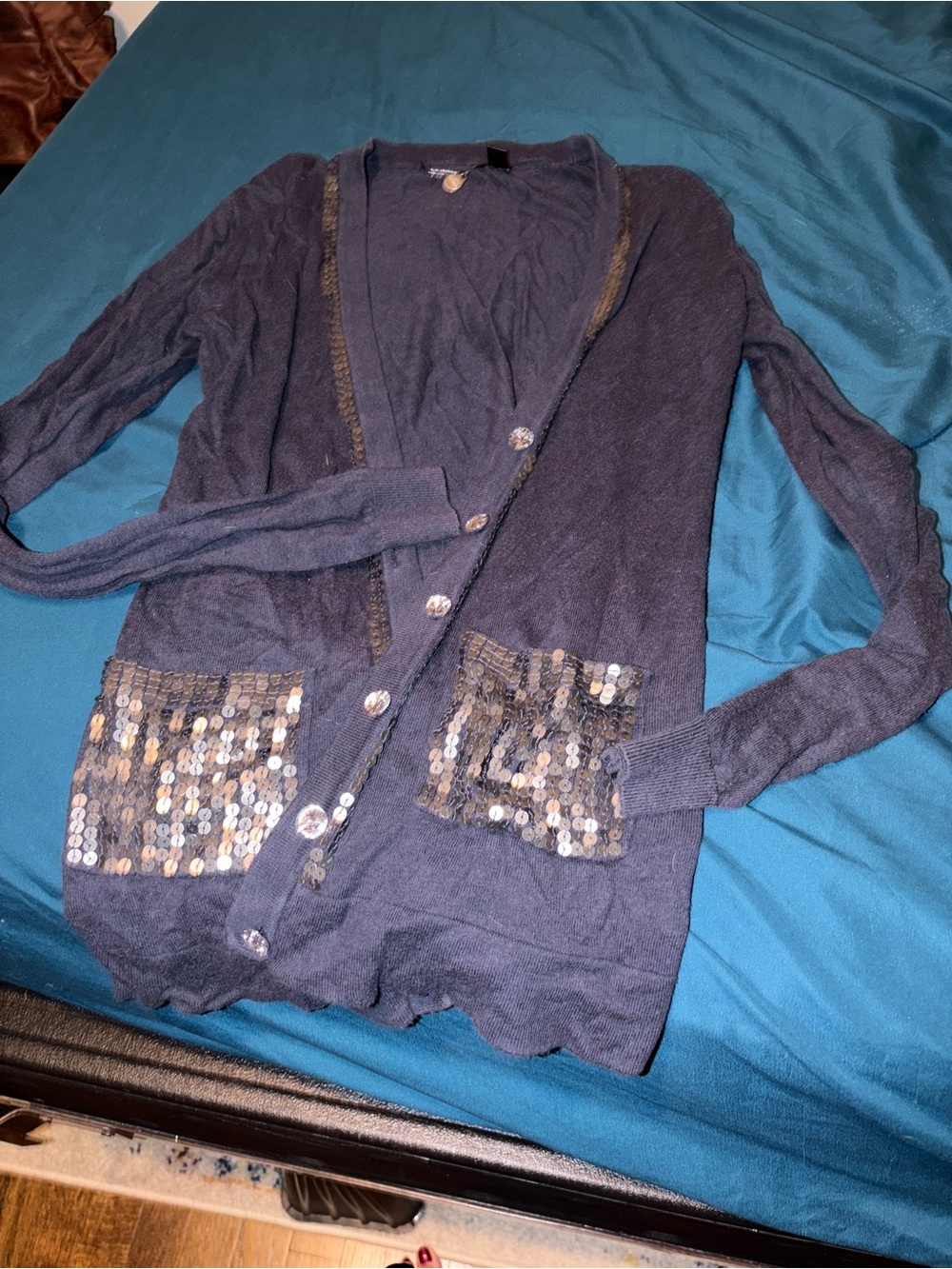 Sequined Pocket Navy Cardigan Sweater - Women
